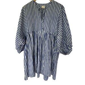 House of Sundar 100% Cotton Blue Stripe Babydoll Tunic Boho Puff Sleeve Top S